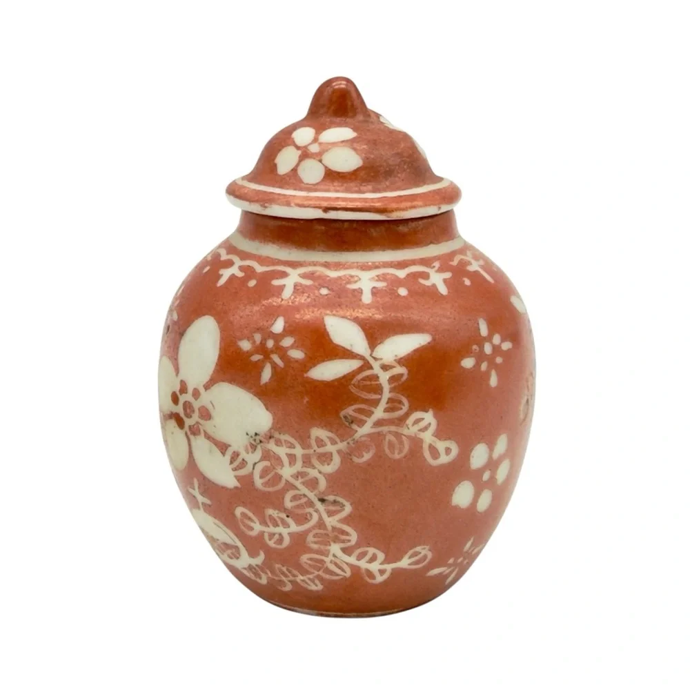 Chinese Miniature Ginger Jar Iron Red White Florals Cross With Display Base Vtg